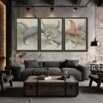 Soft gray, pink and green leaf-like forms joined by delicate flowing lines 3 piece framed canvas wall art displayed in a industrial room