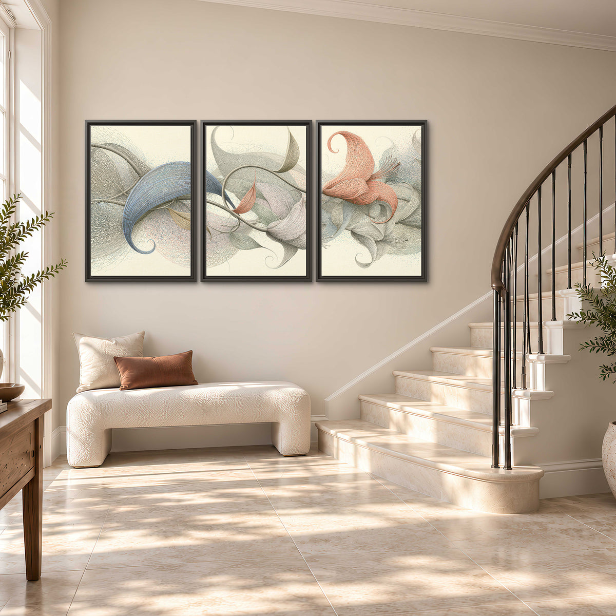 Soft gray, pink and green leaf-like forms joined by delicate flowing lines 3 piece framed canvas wall art styled in an interior