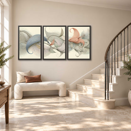 Soft gray, pink and green leaf-like forms joined by delicate flowing lines 3 piece framed canvas wall art styled in an interior