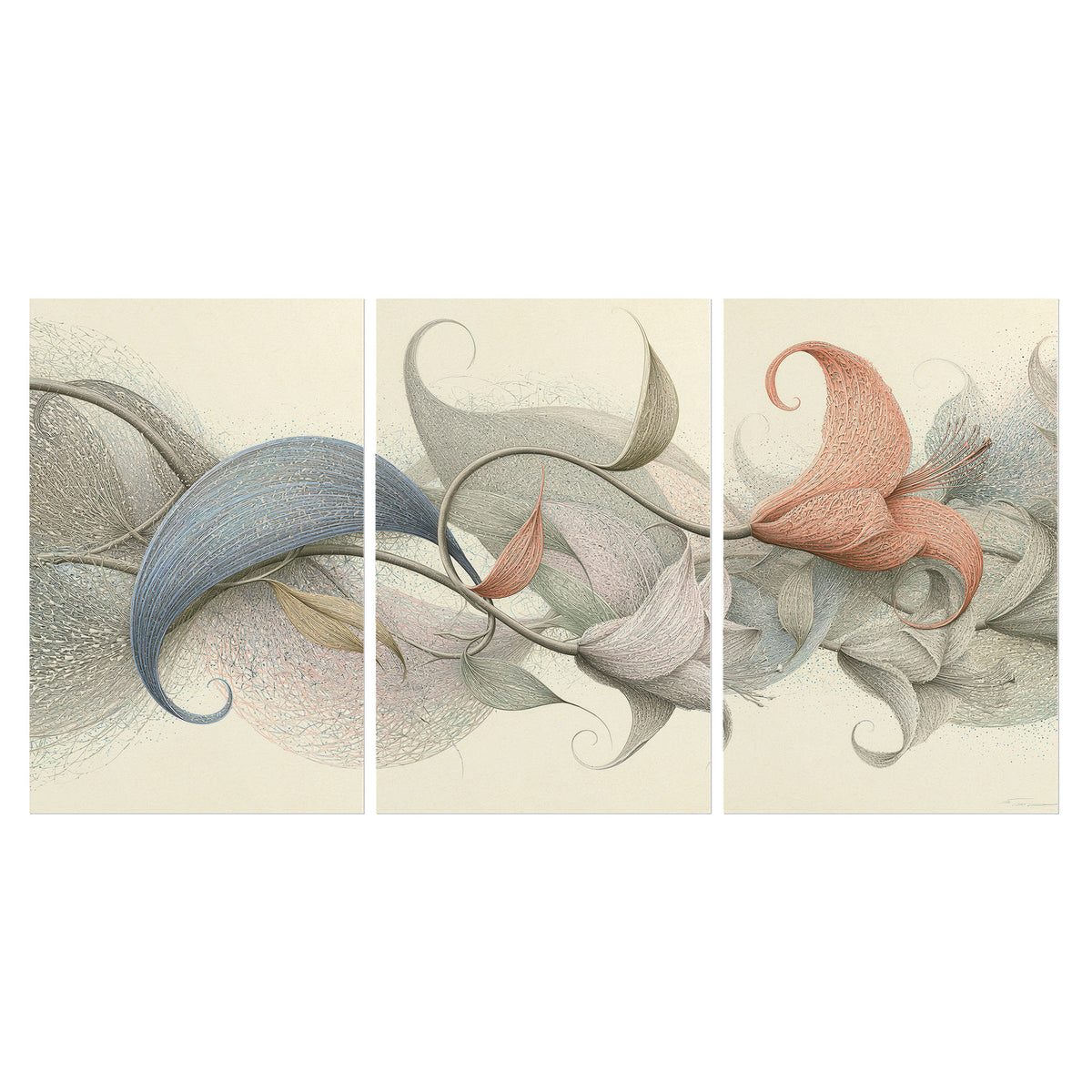 Soft gray, pink and green leaf-like forms joined by delicate flowing lines set of 3 poster prints viewed straight on
