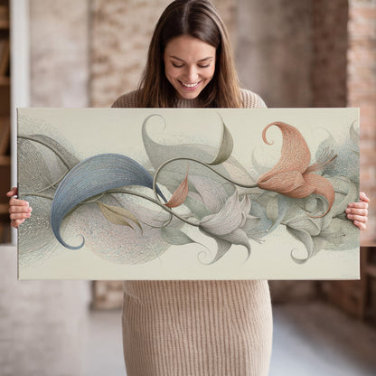 Soft gray, pink and green leaf-like forms joined by delicate flowing lines single canvas wall art held in hands