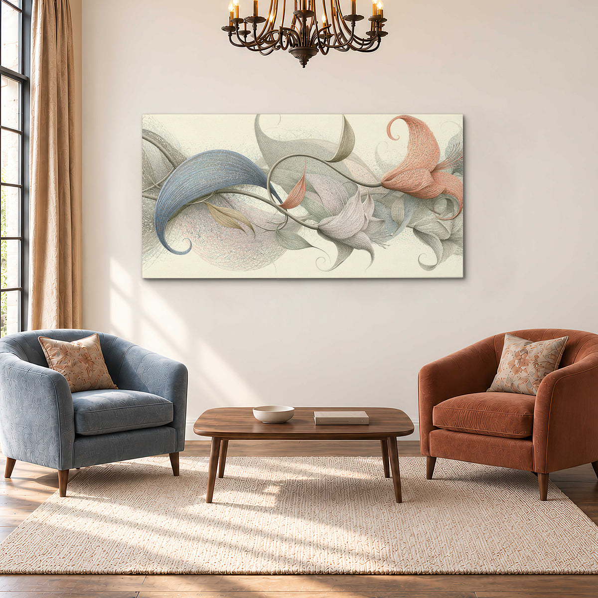 Soft gray, pink and green leaf-like forms joined by delicate flowing lines single canvas wall art styled in an interior