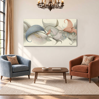 Soft gray, pink and green leaf-like forms joined by delicate flowing lines single canvas wall art styled in an interior