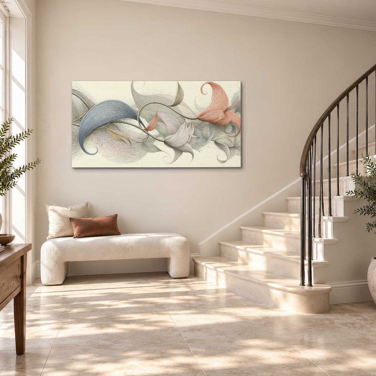 Soft gray, pink and green leaf-like forms joined by delicate flowing lines single canvas wall art styled in an interior