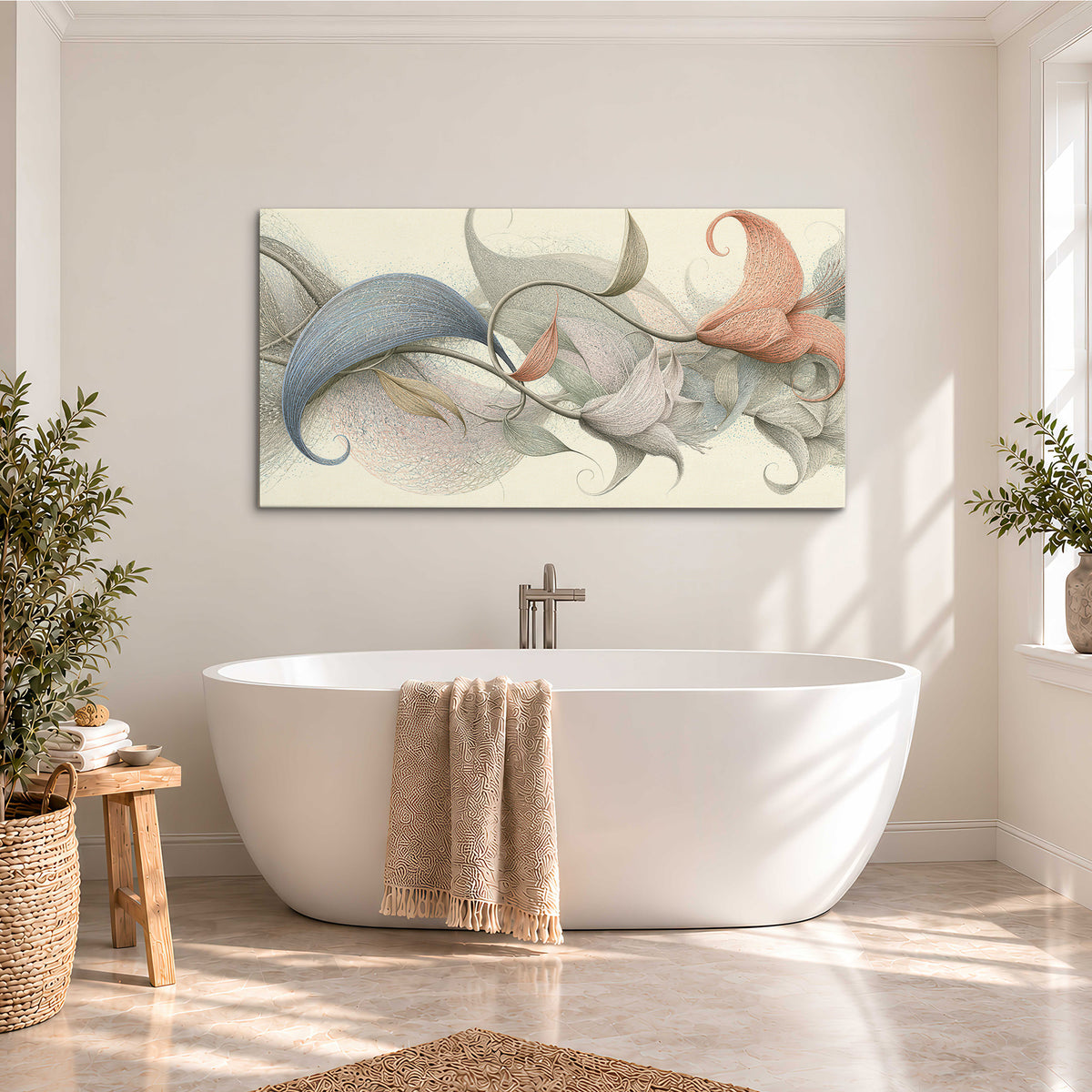 Soft gray, pink and green leaf-like forms joined by delicate flowing lines single canvas wall art styled in an interior
