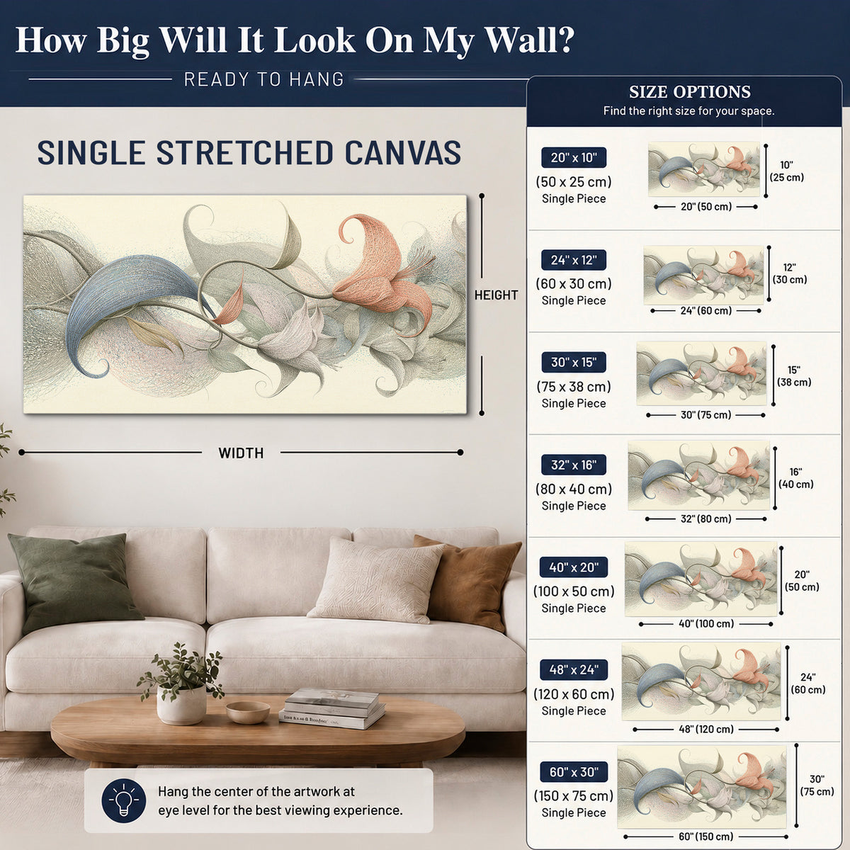 Soft gray, pink and green leaf-like forms joined by delicate flowing lines single canvas wall art size guide above a sofa; room view is illustrative