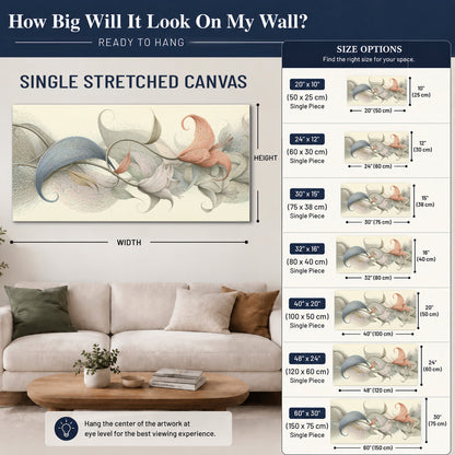 Soft gray, pink and green leaf-like forms joined by delicate flowing lines single canvas wall art size guide above a sofa; room view is illustrative