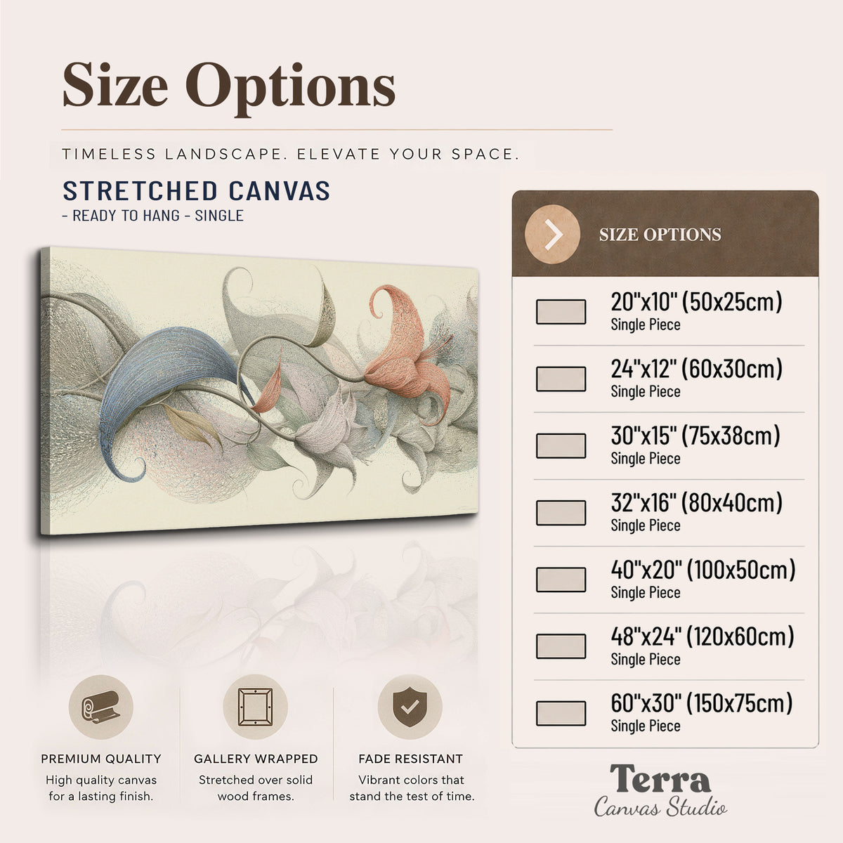 Soft gray, pink and green leaf-like forms joined by delicate flowing lines single canvas wall art available dimensions
