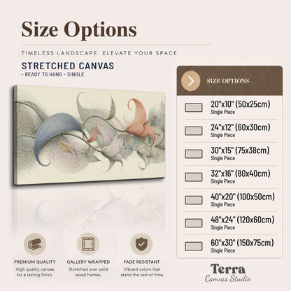 Soft gray, pink and green leaf-like forms joined by delicate flowing lines single canvas wall art available dimensions