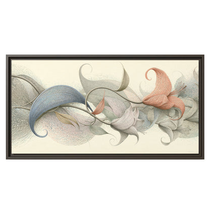 Soft gray, pink and green leaf-like forms joined by delicate flowing lines single framed canvas wall art viewed straight on