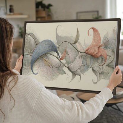 Soft gray, pink and green leaf-like forms joined by delicate flowing lines single framed canvas wall art held in hands