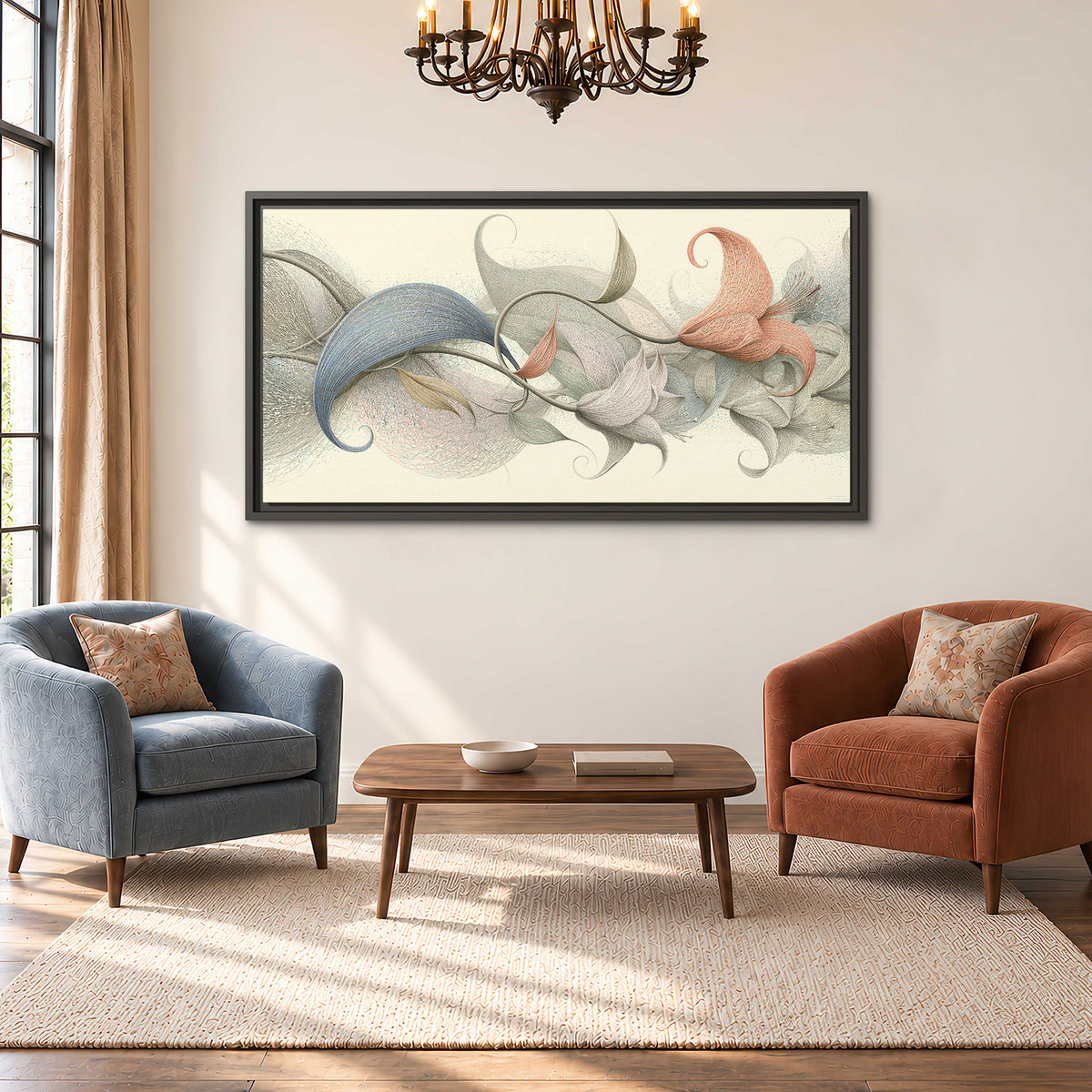 Soft gray, pink and green leaf-like forms joined by delicate flowing lines single framed canvas wall art styled in an interior