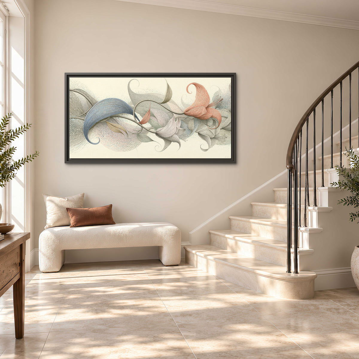 Soft gray, pink and green leaf-like forms joined by delicate flowing lines single framed canvas wall art styled in an interior