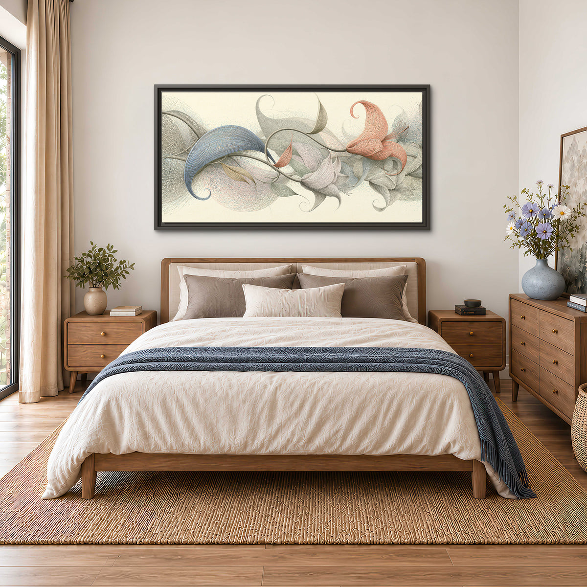 Soft gray, pink and green leaf-like forms joined by delicate flowing lines single framed canvas wall art styled in an interior