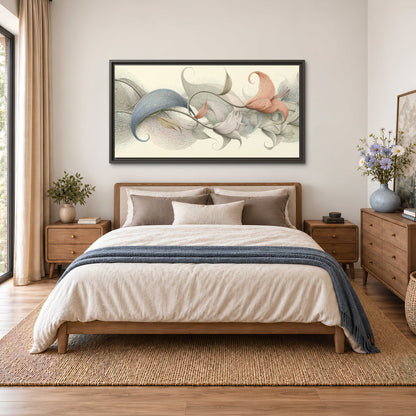 Soft gray, pink and green leaf-like forms joined by delicate flowing lines single framed canvas wall art styled in an interior