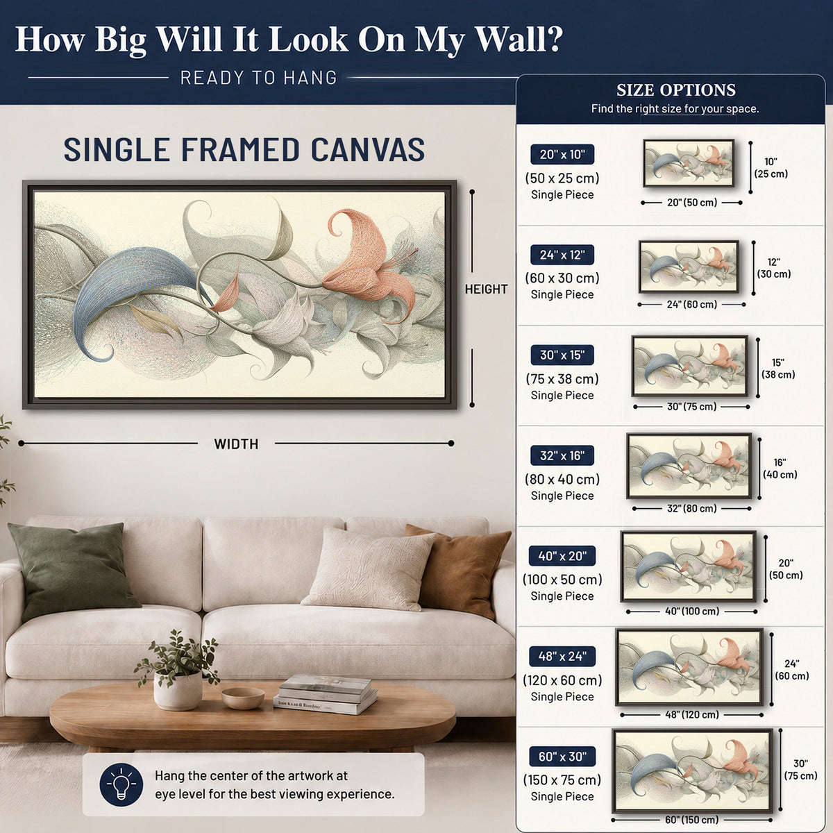 Soft gray, pink and green leaf-like forms joined by delicate flowing lines single framed canvas wall art size guide above a sofa; room view is illustrative