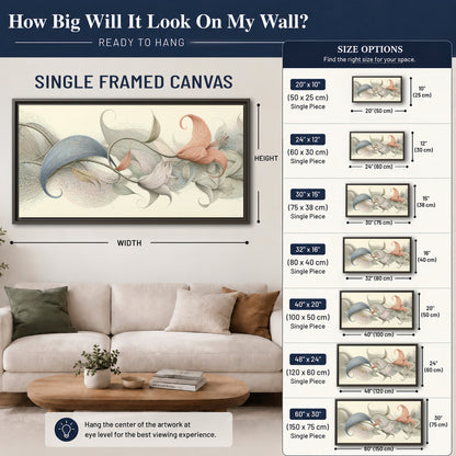 Soft gray, pink and green leaf-like forms joined by delicate flowing lines single framed canvas wall art size guide above a sofa; room view is illustrative