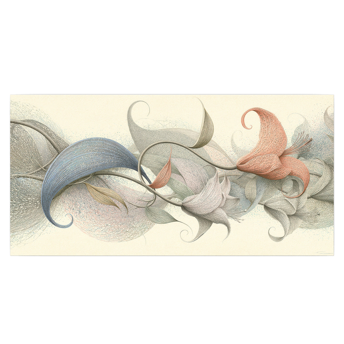Soft gray, pink and green leaf-like forms joined by delicate flowing lines single poster print viewed straight on