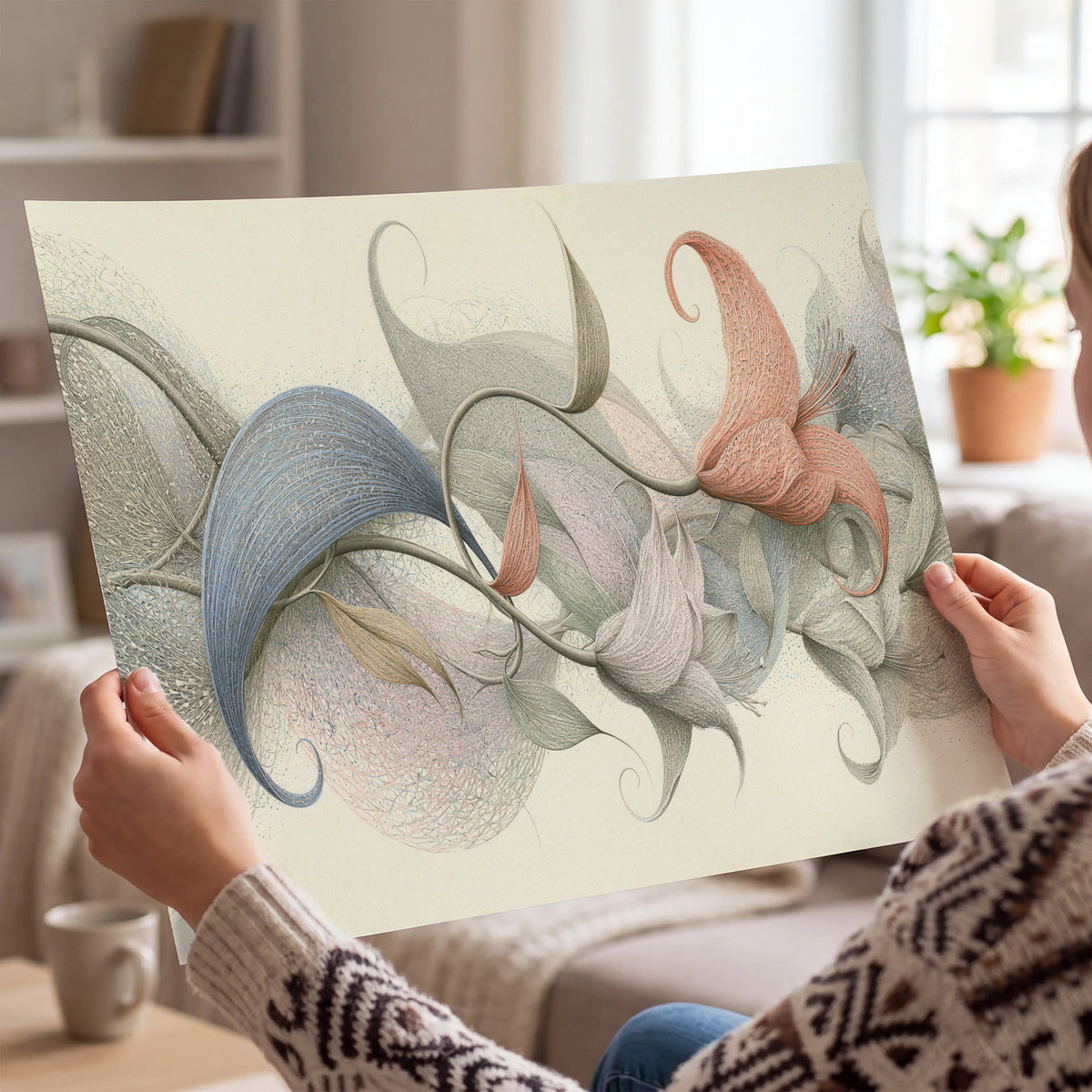 Soft gray, pink and green leaf-like forms joined by delicate flowing lines single poster print held in hands
