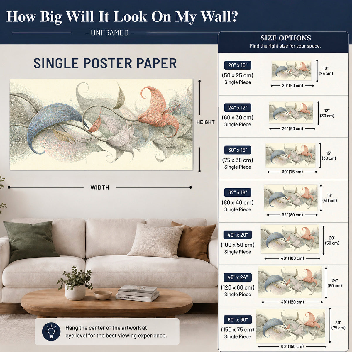 Soft gray, pink and green leaf-like forms joined by delicate flowing lines single poster print size guide above a sofa; room view is illustrative