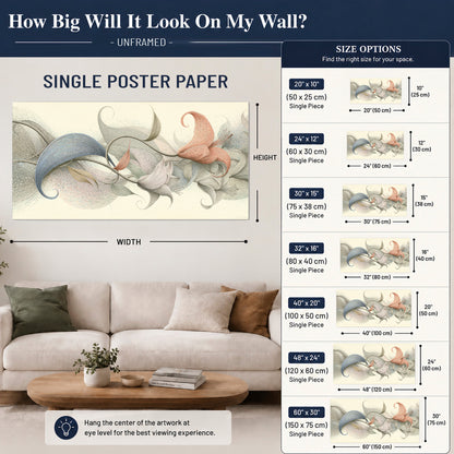 Soft gray, pink and green leaf-like forms joined by delicate flowing lines single poster print size guide above a sofa; room view is illustrative