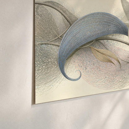 Soft gray, pink and green leaf-like forms joined by delicate flowing lines set of 3 poster prints material and edge close up