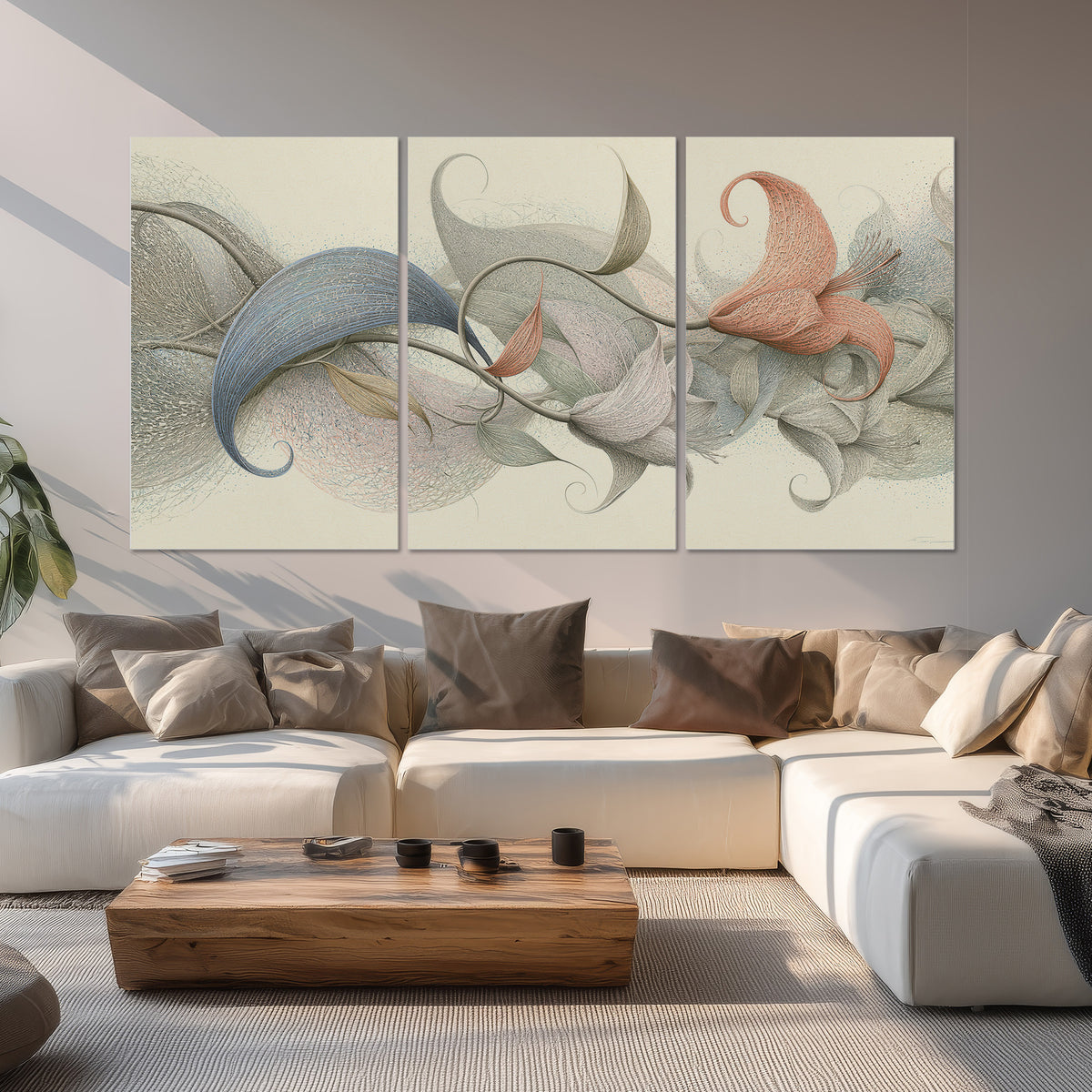 Soft gray, pink and green leaf-like forms joined by delicate flowing lines set of 3 poster prints displayed in a living room
