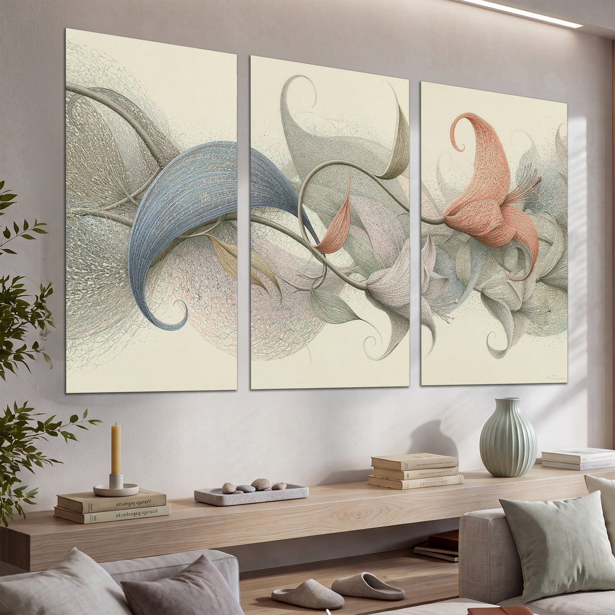 Soft gray, pink and green leaf-like forms joined by delicate flowing lines set of 3 poster prints displayed in a console