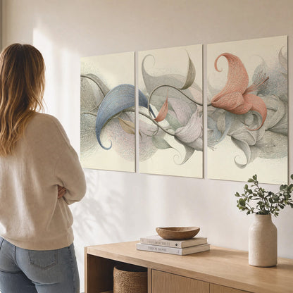 Soft gray, pink and green leaf-like forms joined by delicate flowing lines set of 3 poster prints three panel arrangement on a wall