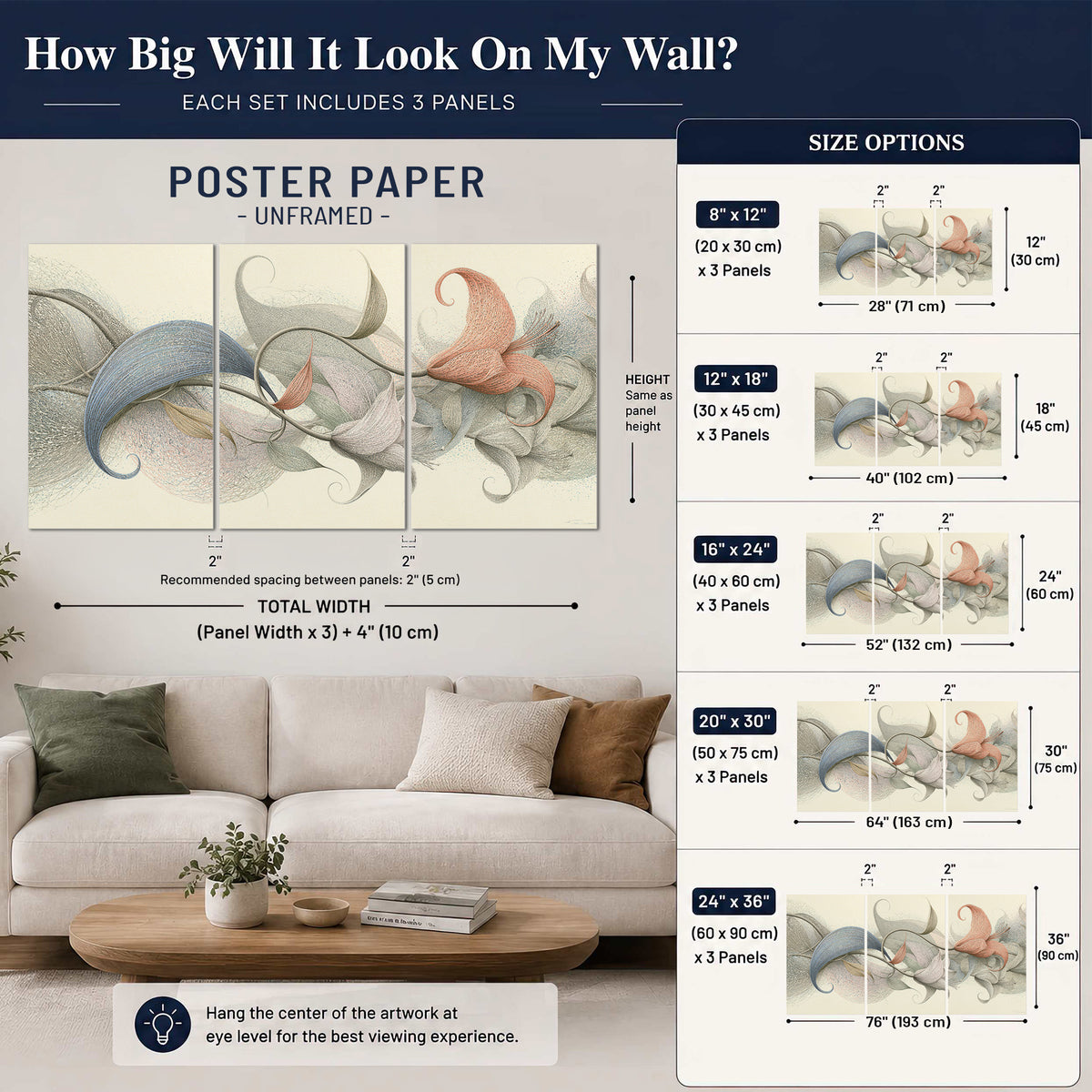 Soft gray, pink and green leaf-like forms joined by delicate flowing lines set of 3 poster prints size guide above a sofa; room view is illustrative