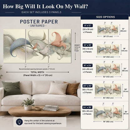Soft gray, pink and green leaf-like forms joined by delicate flowing lines set of 3 poster prints size guide above a sofa; room view is illustrative