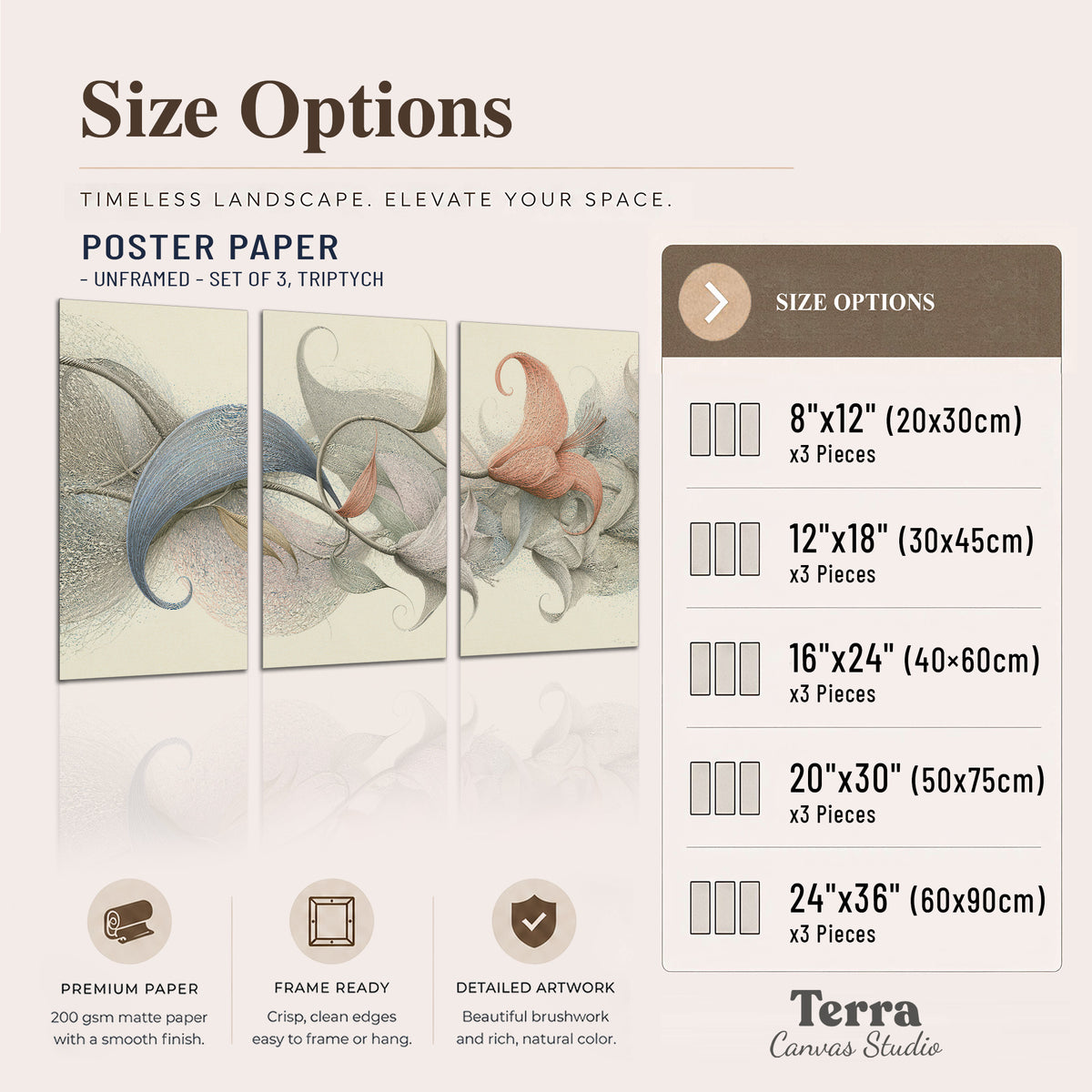 Soft gray, pink and green leaf-like forms joined by delicate flowing lines set of 3 poster prints available dimensions; triptych dimensions are per panel