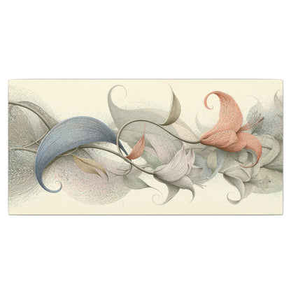 Soft gray, pink and green leaf-like forms joined by delicate flowing lines single canvas wall art viewed straight on