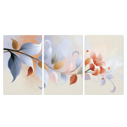 Peach blossoms and blue-green leaves in an airy cream-colored composition 3 piece canvas wall art viewed straight on