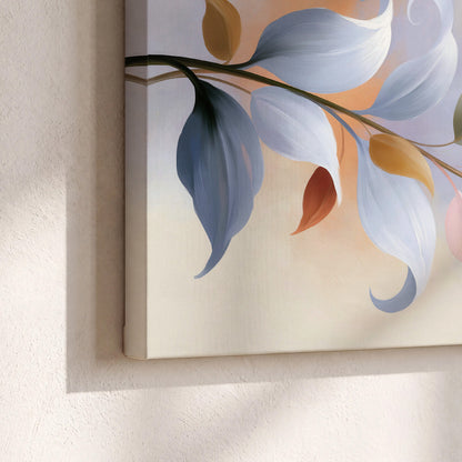 Peach blossoms and blue-green leaves in an airy cream-colored composition 3 piece canvas wall art material and edge close up