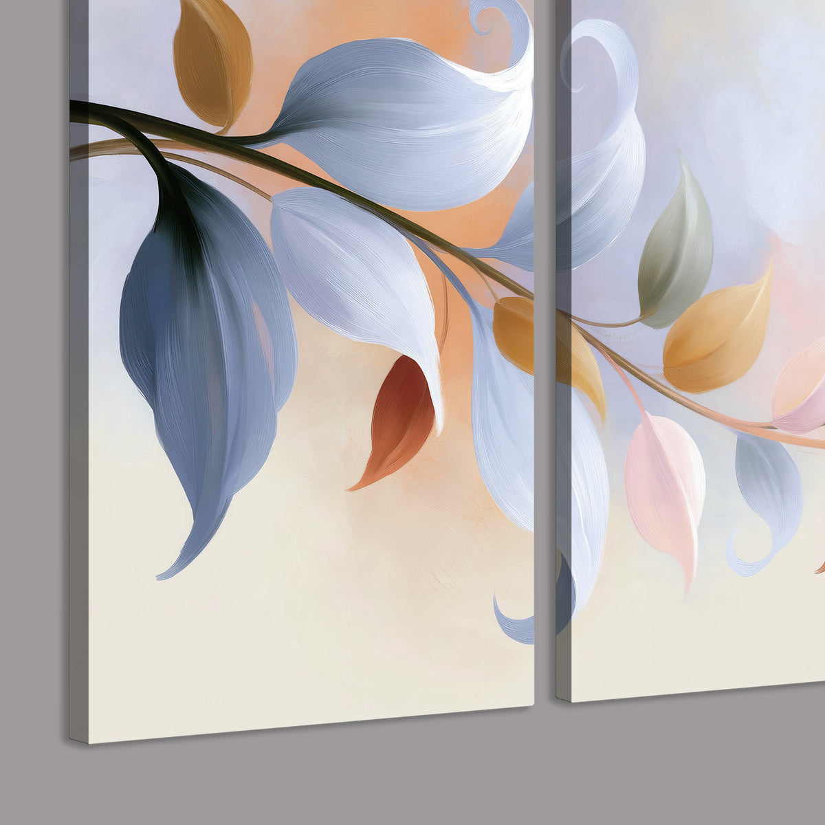 Peach blossoms and blue-green leaves in an airy cream-colored composition 3 piece canvas wall art room and product view