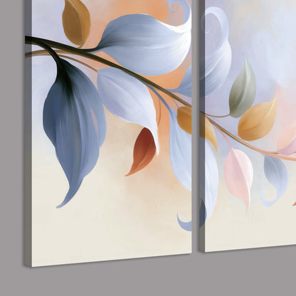 Peach blossoms and blue-green leaves in an airy cream-colored composition 3 piece canvas wall art room and product view