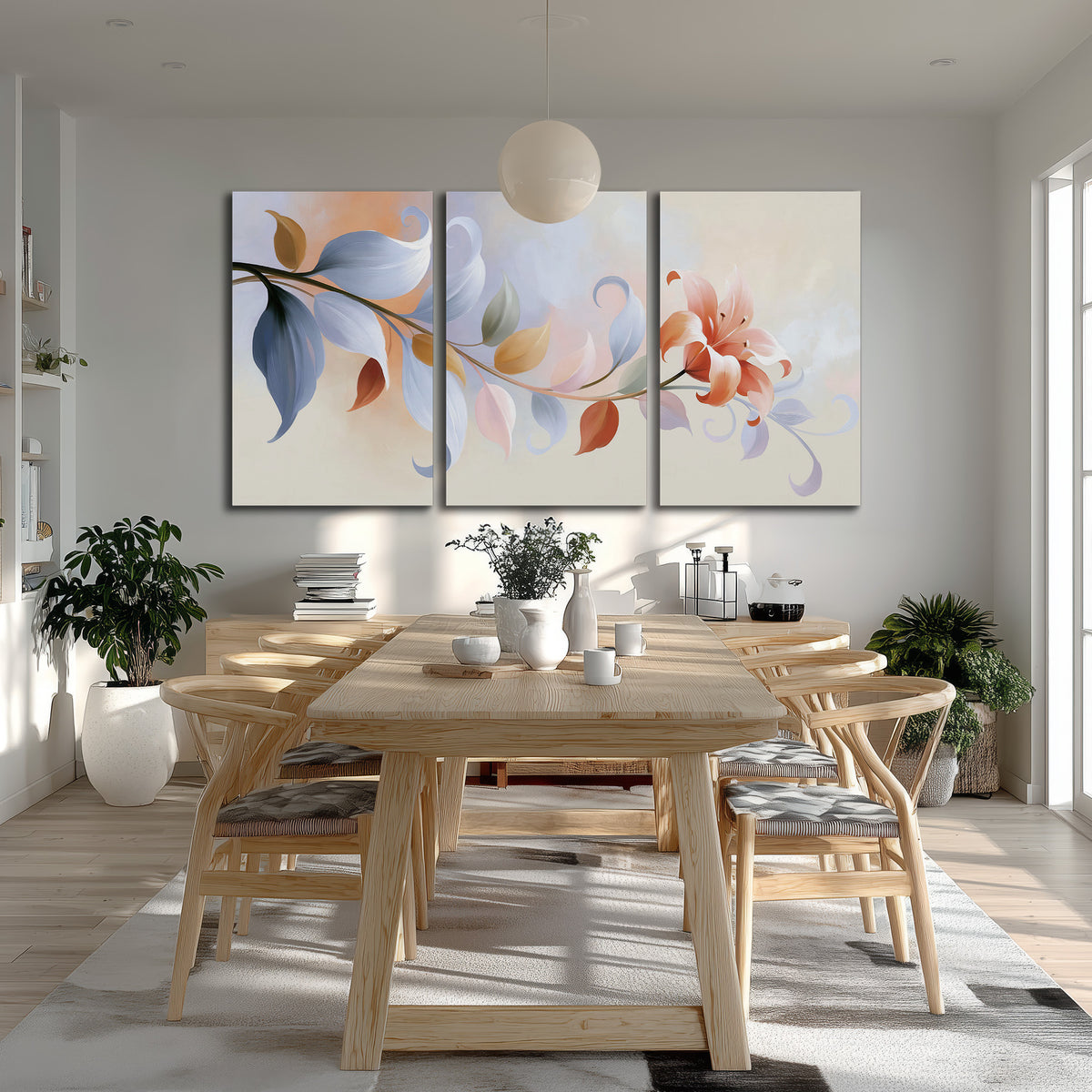 Peach blossoms and blue-green leaves in an airy cream-colored composition 3 piece canvas wall art room and product view