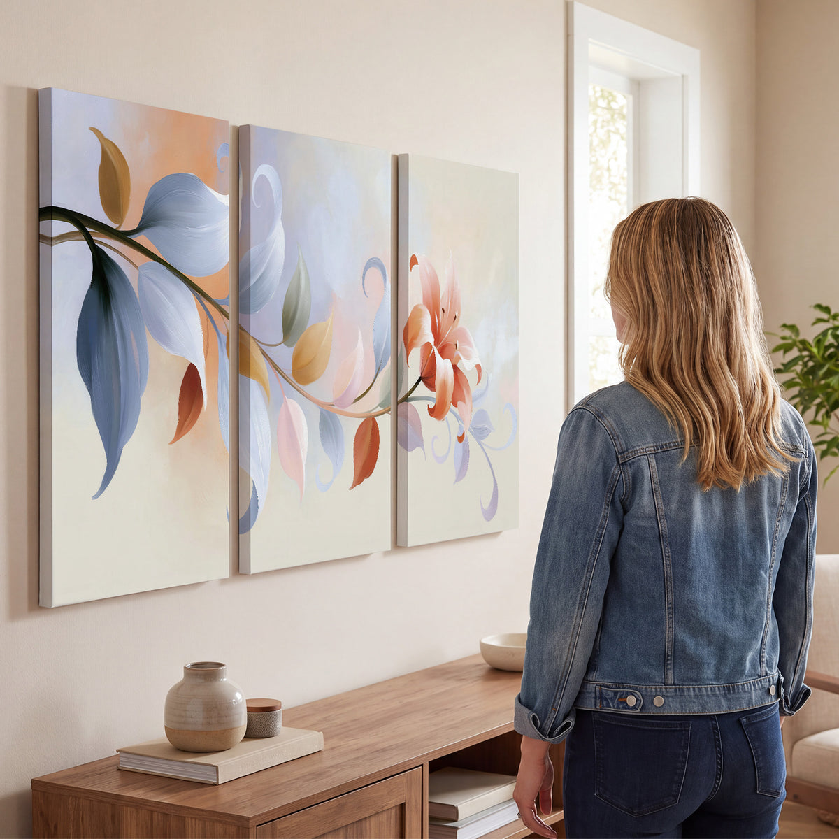 Peach blossoms and blue-green leaves in an airy cream-colored composition 3 piece canvas wall art three panel arrangement on a wall