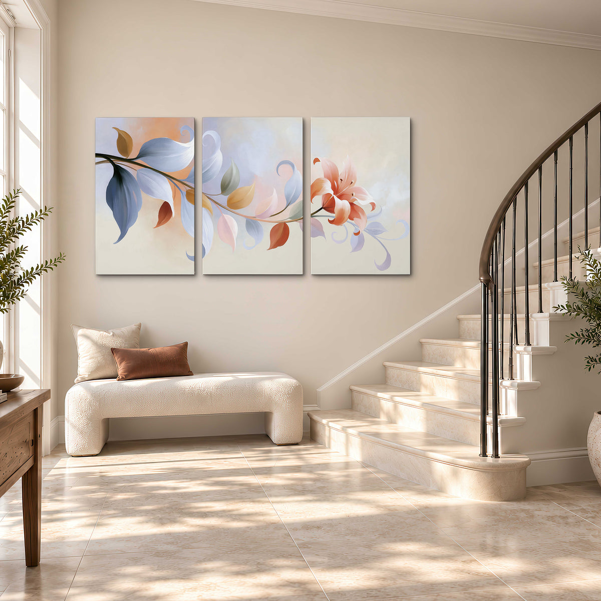 Peach blossoms and blue-green leaves in an airy cream-colored composition 3 piece canvas wall art styled in an interior