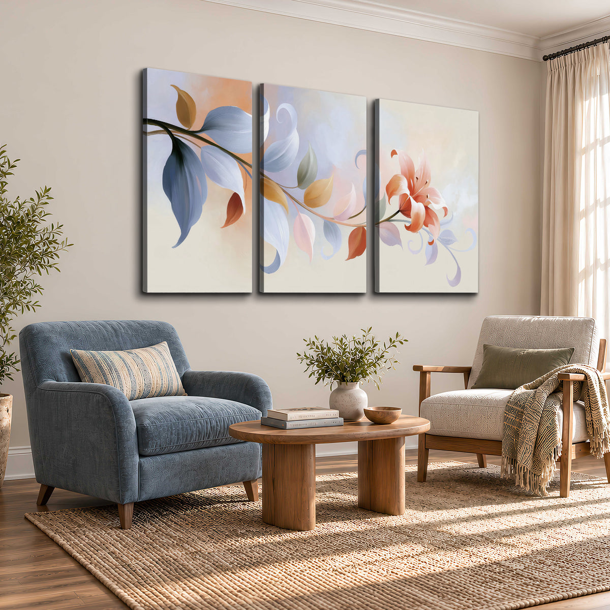 Peach blossoms and blue-green leaves in an airy cream-colored composition 3 piece canvas wall art styled in an interior