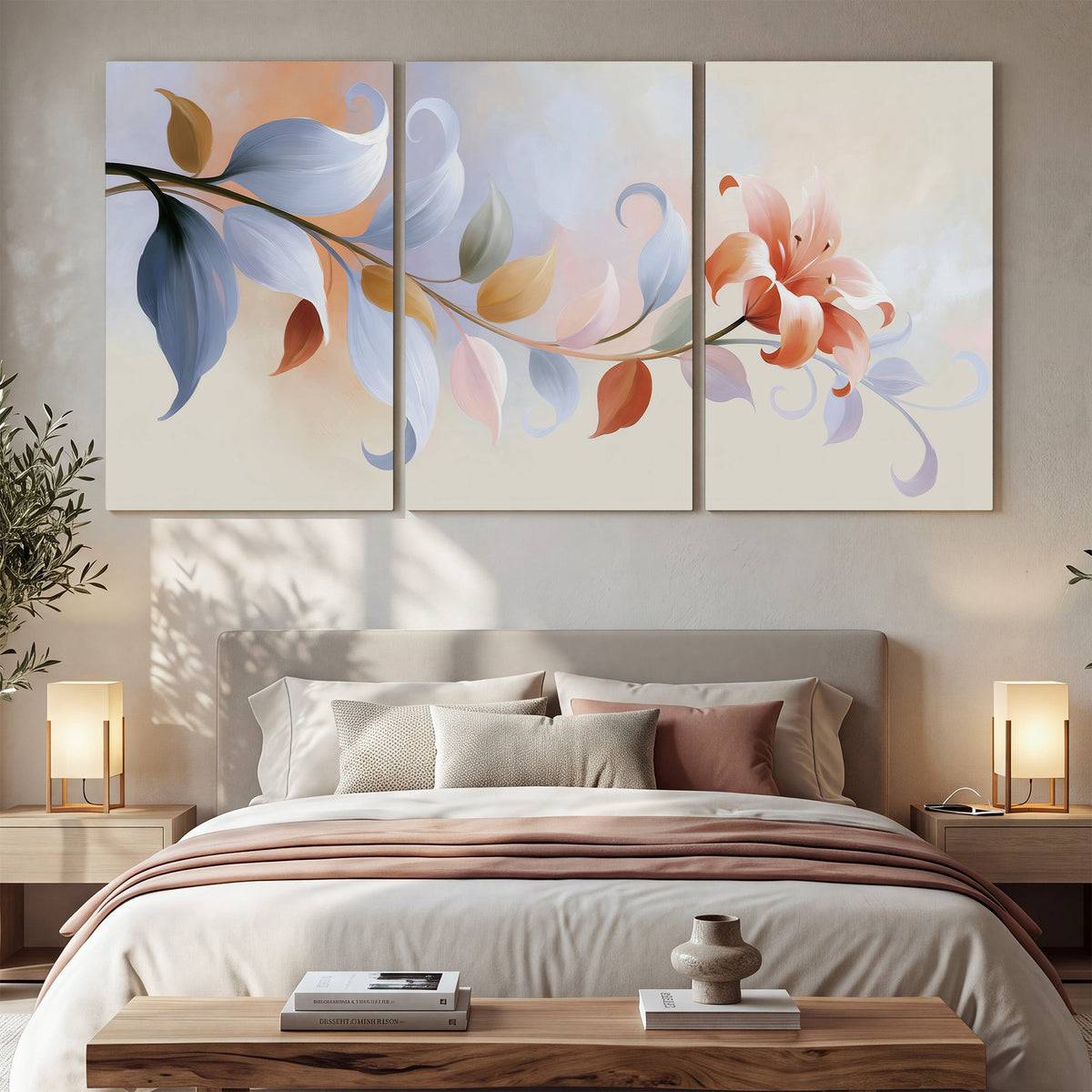 Peach blossoms and blue-green leaves in an airy cream-colored composition 3 piece canvas wall art displayed in a bedroom