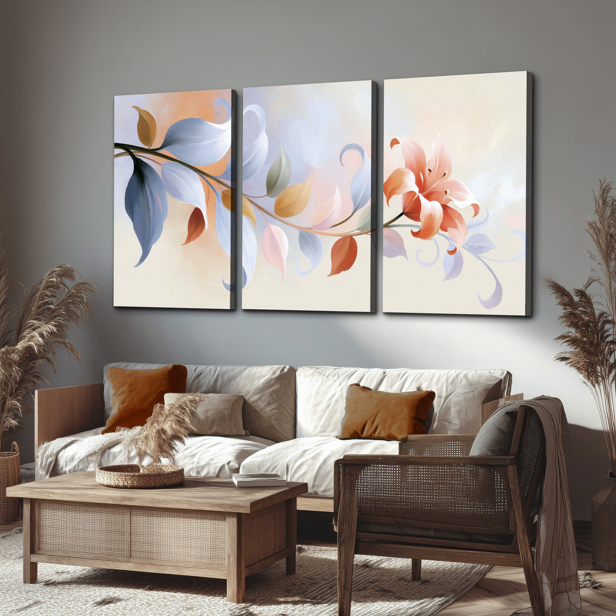 Peach blossoms and blue-green leaves in an airy cream-colored composition 3 piece canvas wall art displayed in a rustic living room