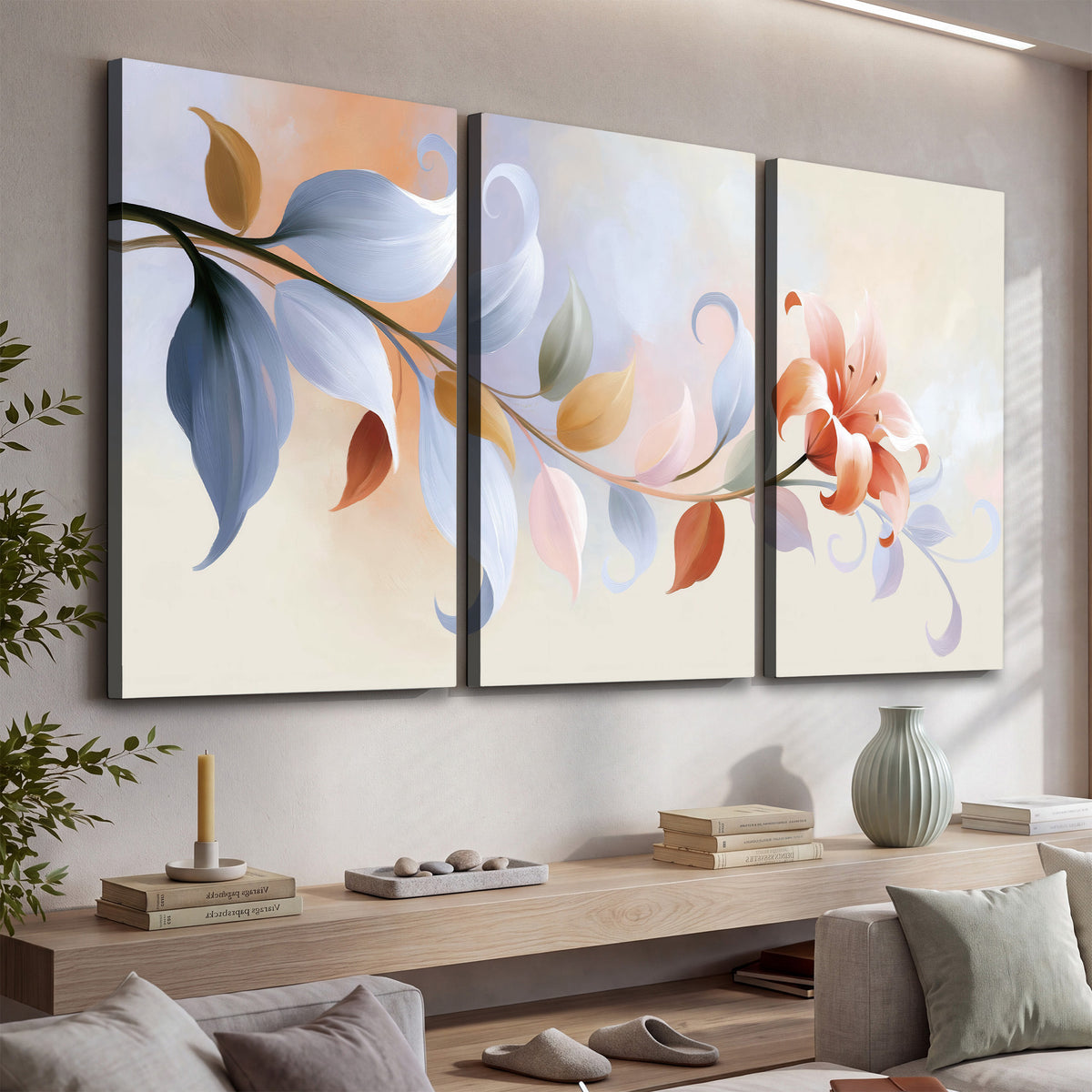 Peach blossoms and blue-green leaves in an airy cream-colored composition 3 piece canvas wall art displayed in a console