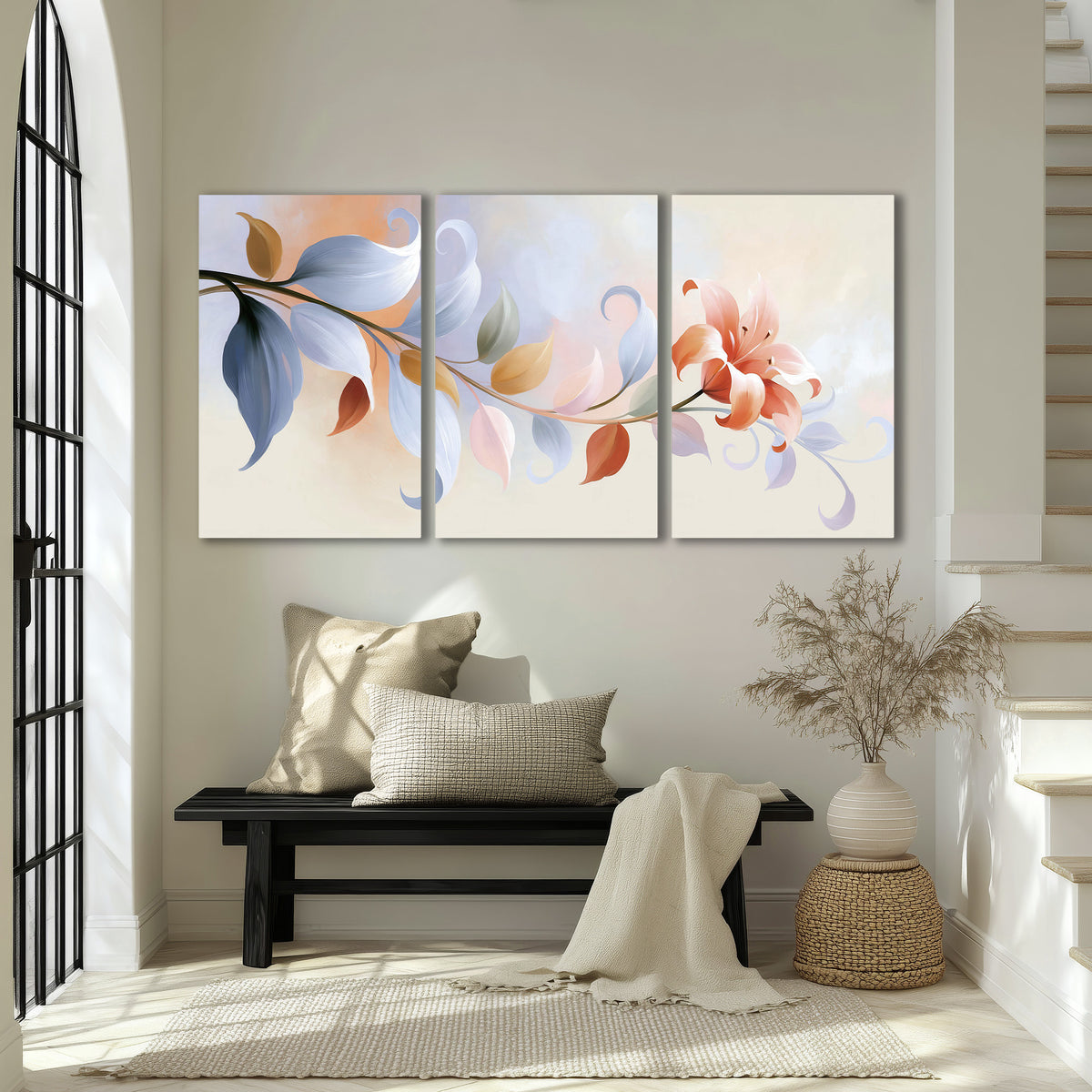 Peach blossoms and blue-green leaves in an airy cream-colored composition 3 piece canvas wall art displayed in a entryway