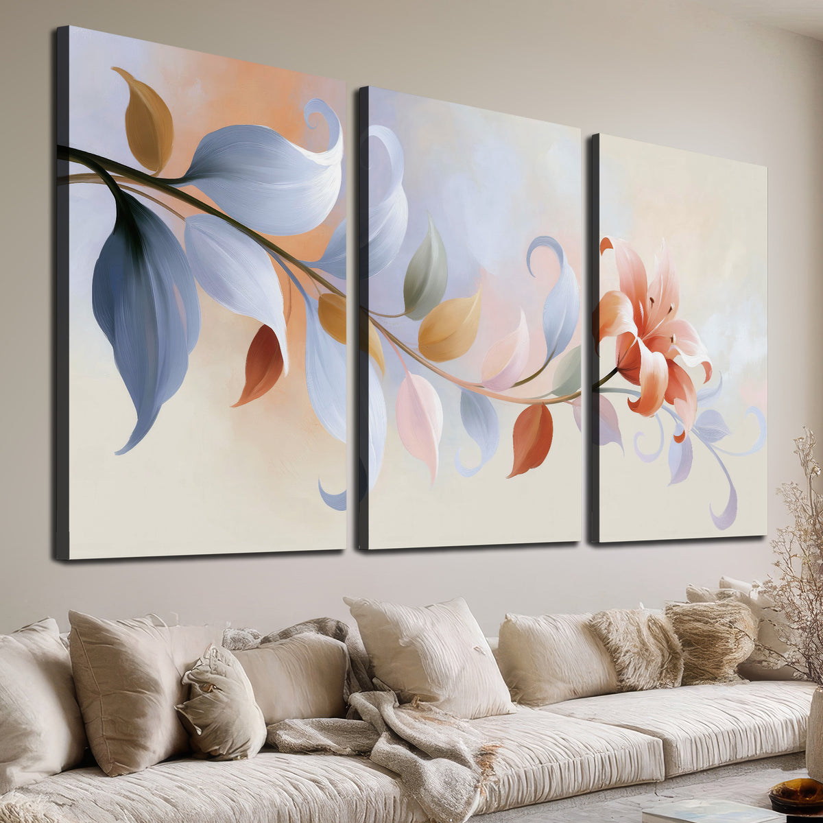Peach blossoms and blue-green leaves in an airy cream-colored composition 3 piece canvas wall art room and product view