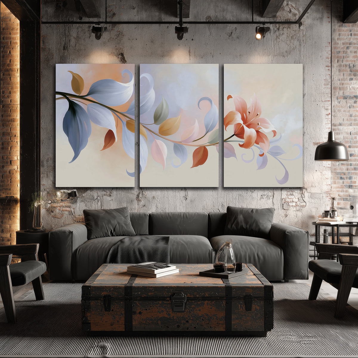 Peach blossoms and blue-green leaves in an airy cream-colored composition 3 piece canvas wall art displayed in a industrial room