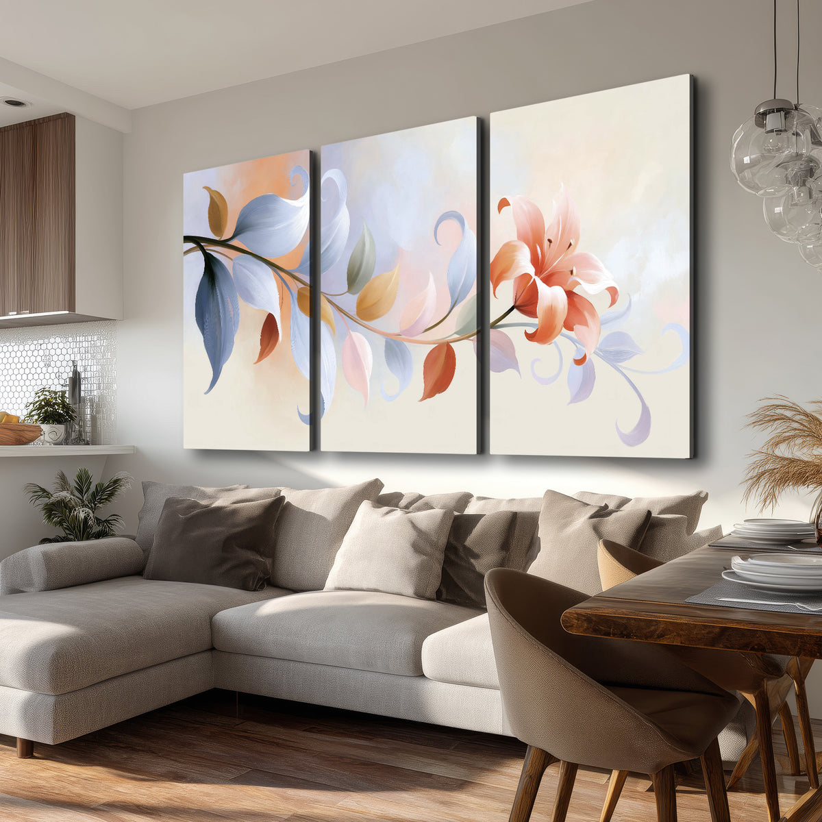 Peach blossoms and blue-green leaves in an airy cream-colored composition 3 piece canvas wall art room and product view
