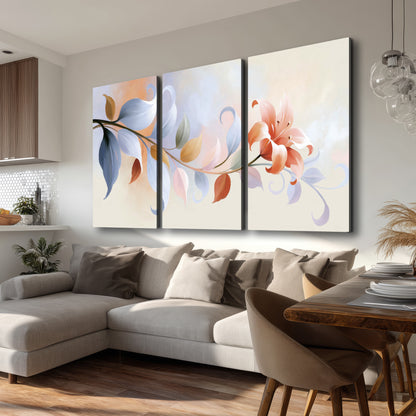 Peach blossoms and blue-green leaves in an airy cream-colored composition 3 piece canvas wall art room and product view
