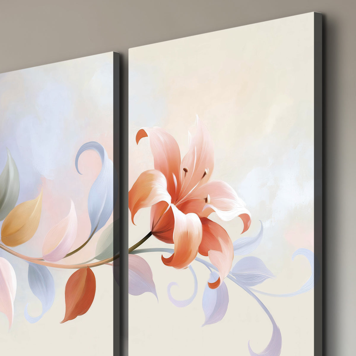 Peach blossoms and blue-green leaves in an airy cream-colored composition 3 piece canvas wall art room and product view